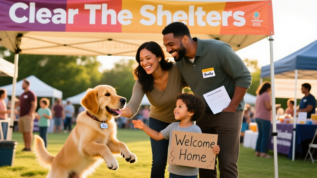 A joyful family meeting their newly adopted dog at an outdoor shelter event with banners reading 'Clear the Shelters'