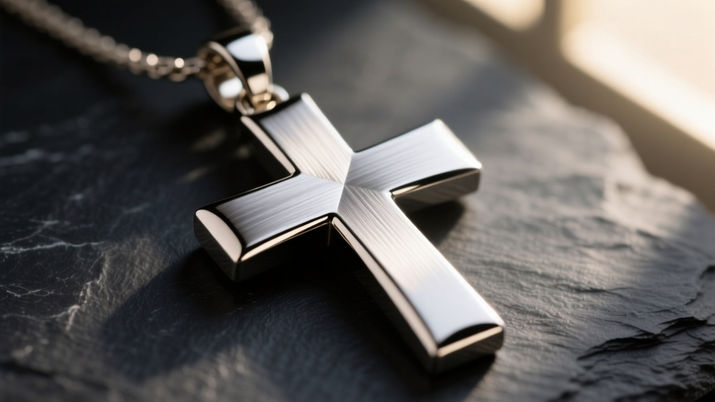 Macro shot of a titanium purity pendant shaped like a cross, highlighting the brushed metal finish against a dark slate background