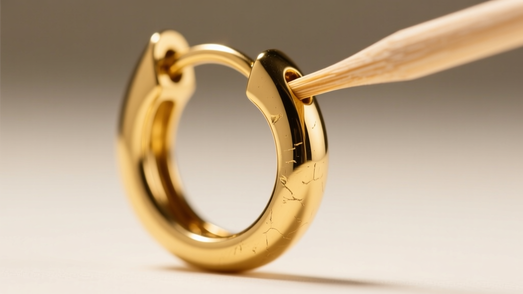 Macro shot of a gold hoop earring hinge clasp being gently cleaned with a wooden toothpick under bright, focused studio lighting.
