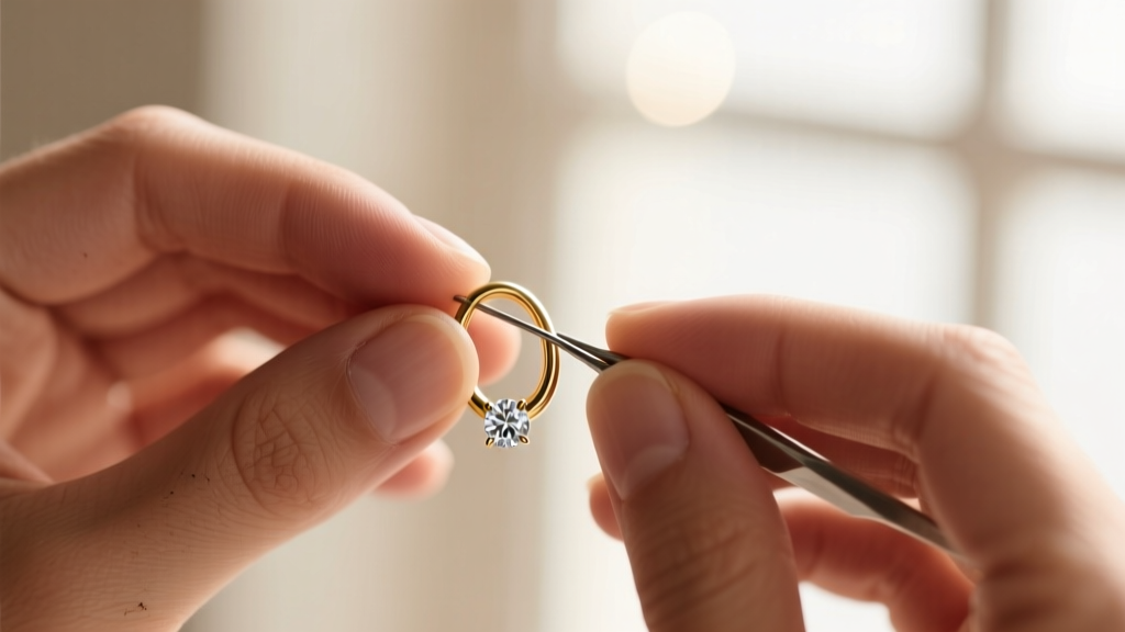 Hands adjusting the U-wire post of a diamond hoop earring, showing proper tension technique against a softly blurred background