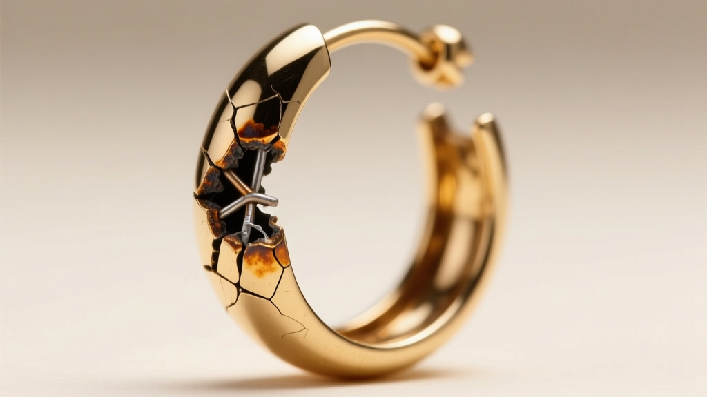 Loupe view of a fractured solder joint on a hollow vintage hoop earring, revealing porous internal structure and dark oxidation