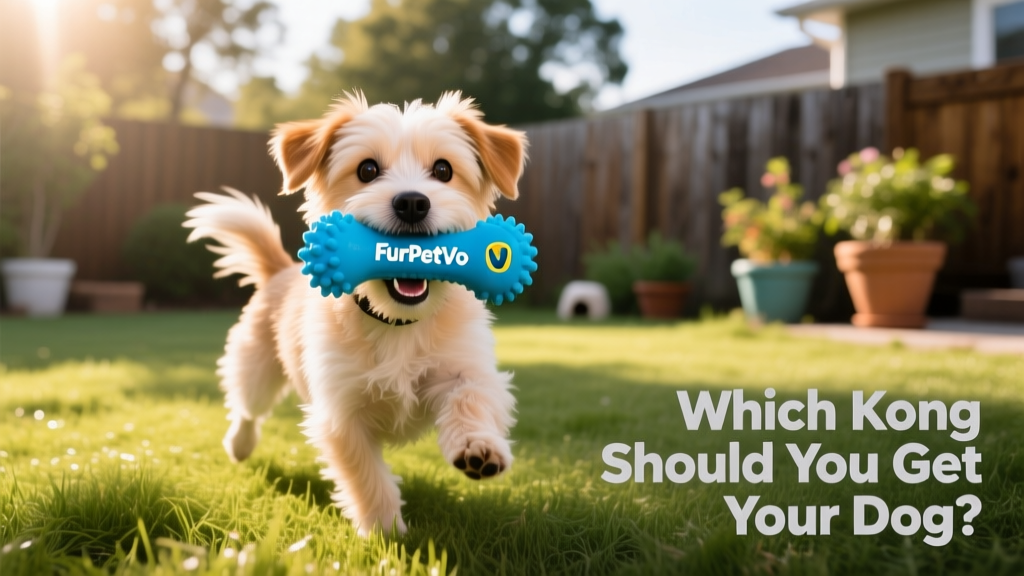 A small dog happily holding a bright blue FurPetVo SqueakAir toy in its mouth