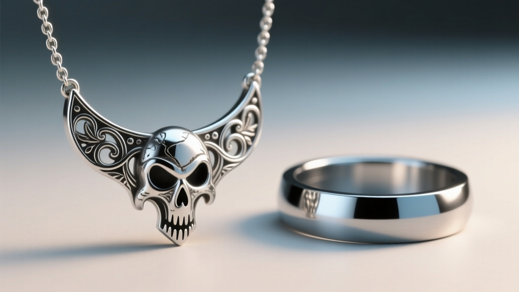 Close-up of cast details on a 925 silver reaper necklace beside a smoother machined titanium alternative in bright studio lighting.