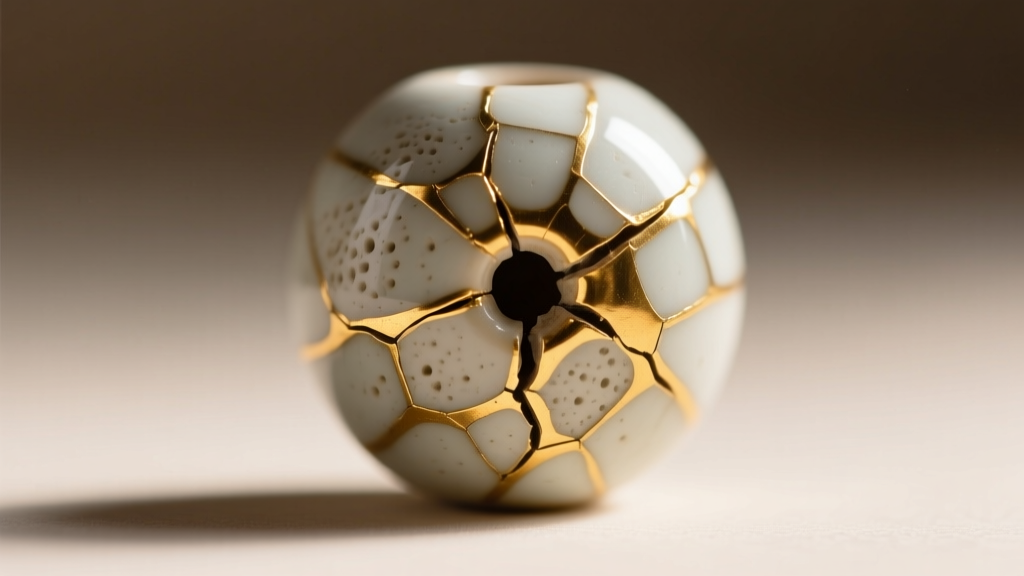 Macro shot of a repaired ceramic bead featuring glowing gold kintsugi seams highlighting the intentional porcelain fractures.