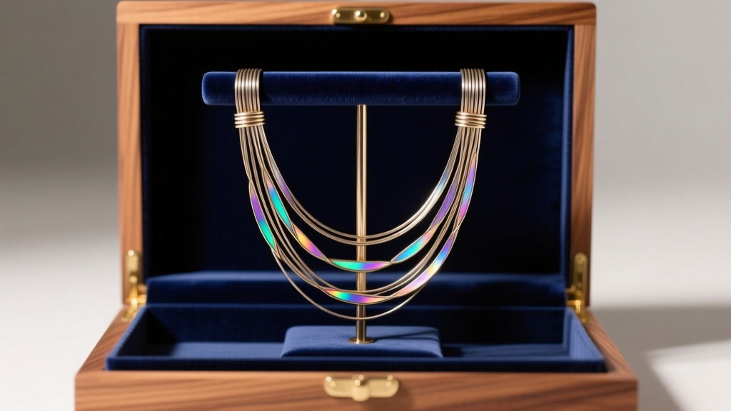 Multi-strand puppeteer necklace draped carefully over a velvet T-bar stand inside a cedar-lined box to prevent wire kinking.