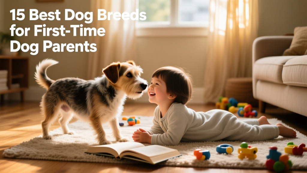 A joyful mixed-breed dog playing gently with a child in a sunlit living room
