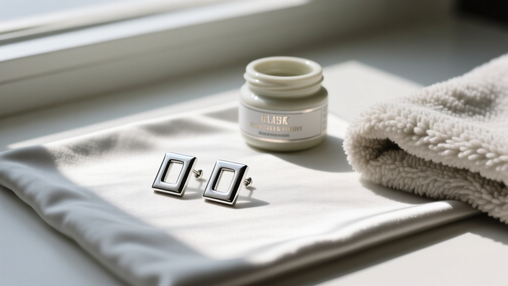 Flat lay of silver rectangle earrings on an anti-tarnish cloth next to a small jar of polishing paste and a soft microfiber cloth.