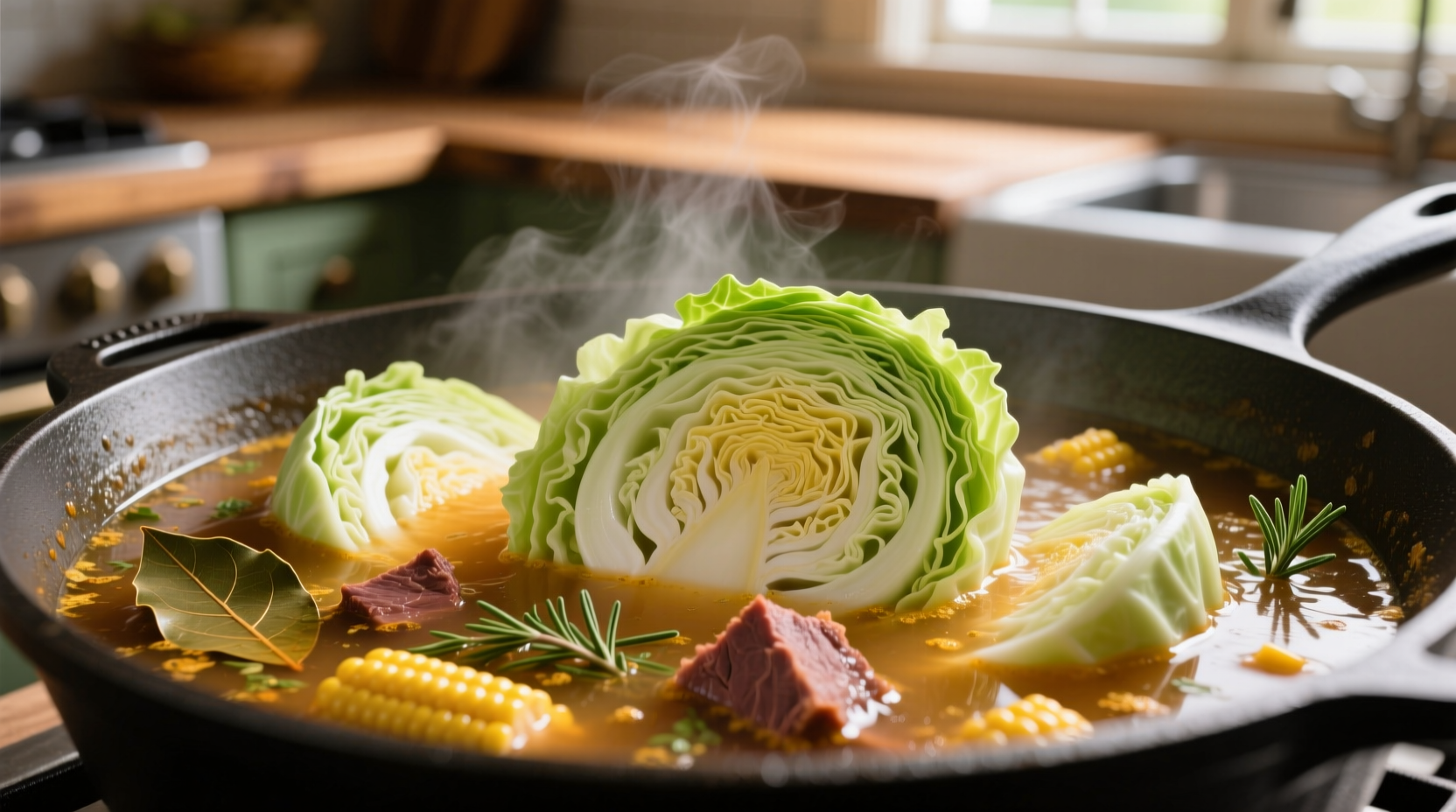 Fresh cabbage wedges in corned beef broth