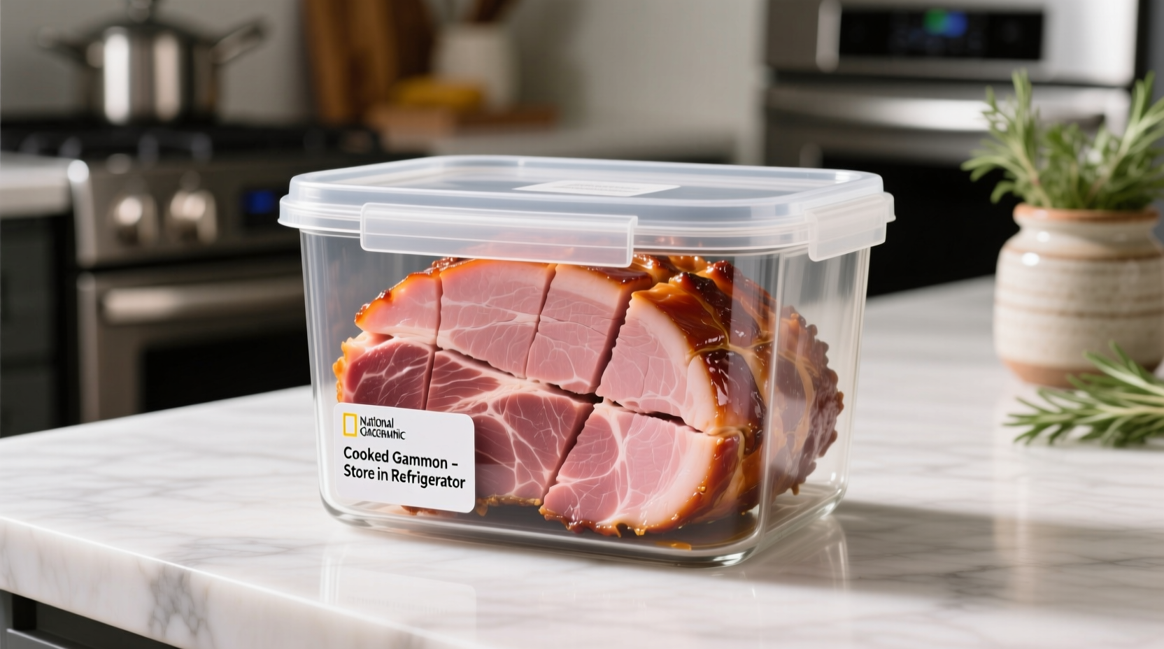 Properly stored cooked gammon in airtight container