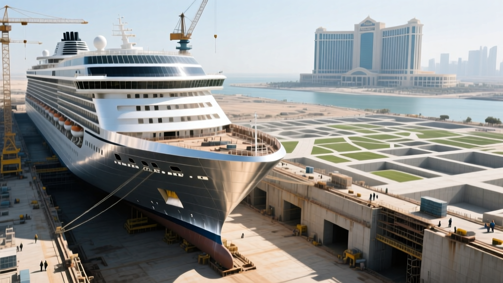 Aerial blueprint overlay of a massive cruise ship hull in drydock compared to a sprawling land-based casino resort foundation