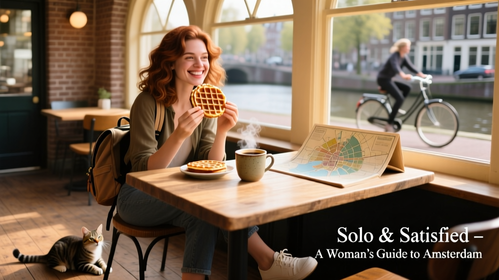 A woman enjoying a stroopwafel at a sunny Amsterdam cafe