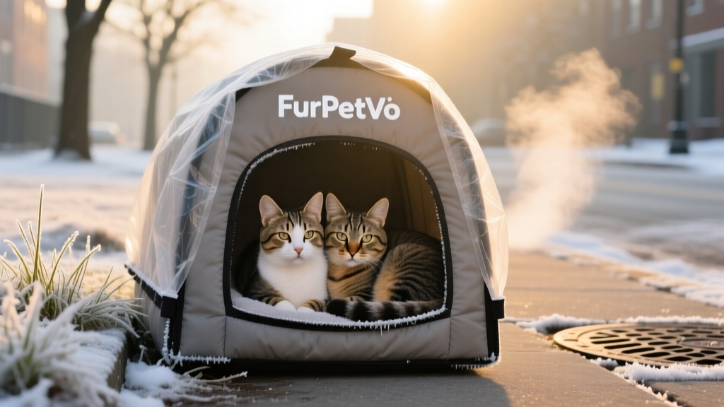 Two healthy-looking stray cats resting side-by-side inside a FurPetVo-branded insulated shelter on a frosty morning