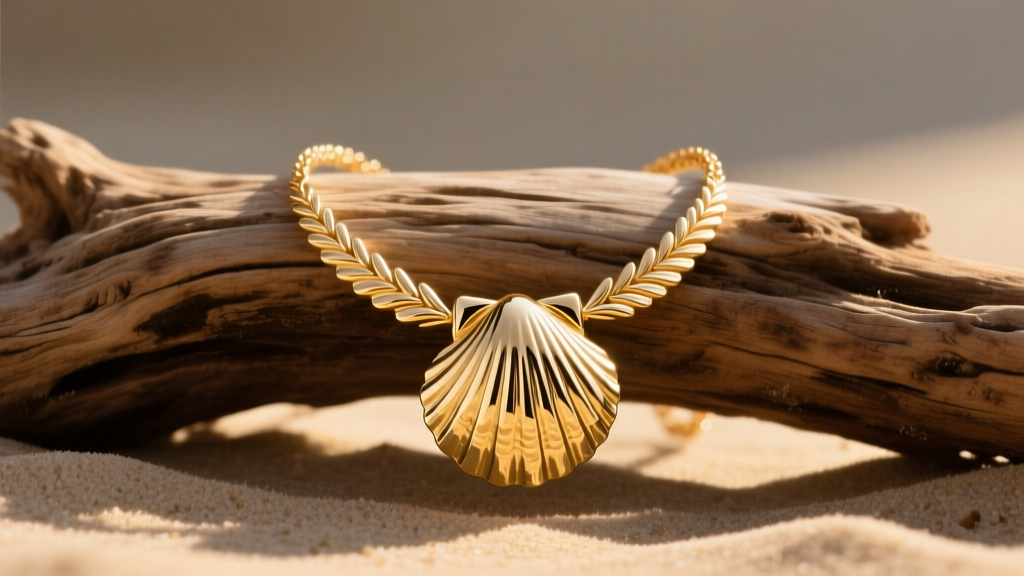 14k gold scallop shell necklace on driftwood, showing intricate metal ridges and a polished, reflective surface in warm sunlight.
