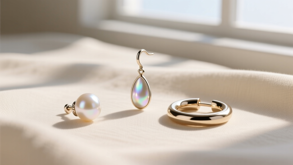 Flat lay of a jewelry capsule featuring a pearl stud, drop earring, and huggie hoop on a cream linen fabric background