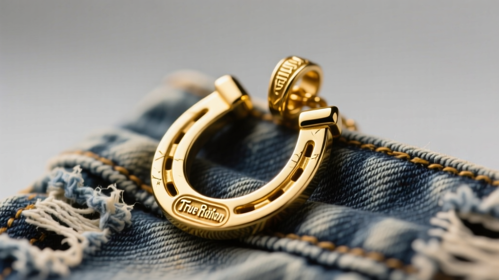 Gold-plated True Religion horseshoe pendant on faded denim, shot with a macro lens under warm studio lighting to show fine detail.