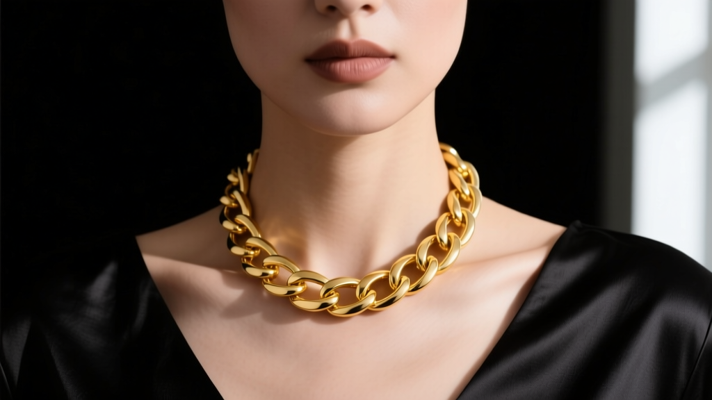 Model wearing a 10mm 14k yellow gold Cuban link chunky choker necklace resting on the collarbone against a black silk top