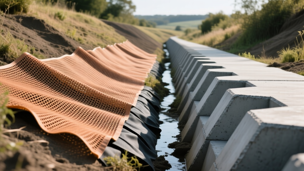 Side-by-side installation of a permeable geosynthetic septic blanket and a heavy articulated concrete blanket on a sloped drainage swale