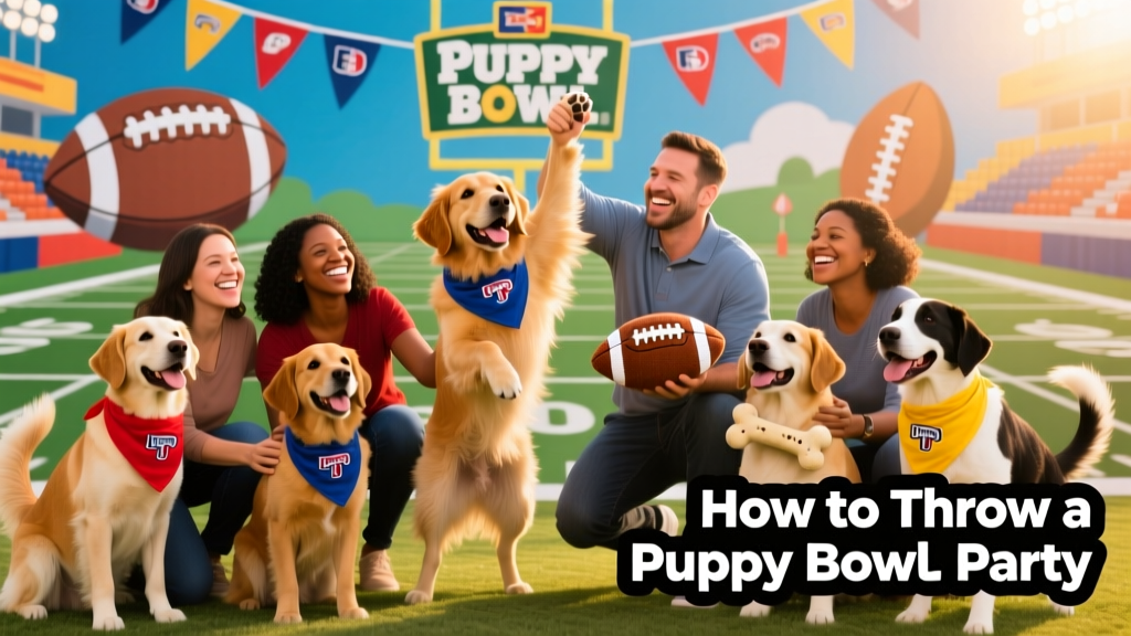 A cheerful group of dogs and owners posing in front of a Puppy Bowl backdrop: some wearing team bandanas, others holding football toys, all smiling