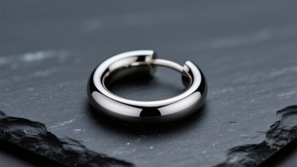 Polished ASTM F-136 titanium 12-gauge seamless hoop earring resting on a dark slate surface, captured with soft studio lighting.