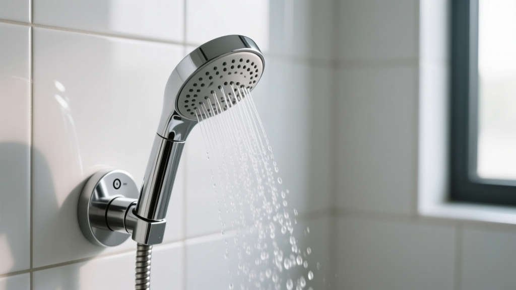 Close-up of a low-flow showerhead with a magnetic dock and pause valve, demonstrating water-saving tech in a modern tiled shower stall.