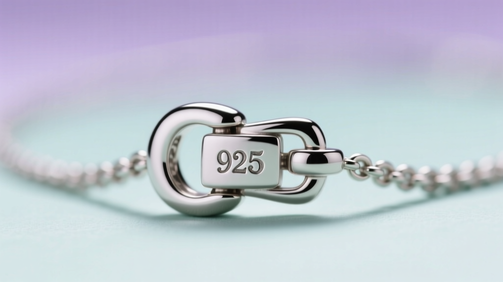 Macro shot of a silver necklace clasp showing a 925 hallmark stamp, sharply focused against a softly blurred pastel background.