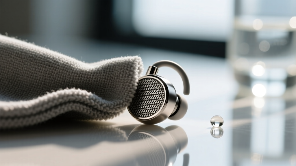 Close-up of a microfiber cloth wiping the acoustic mesh of a smart audio earring, with rubbing alcohol in the blurred background
