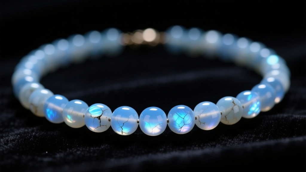Close-up of a vintage moonstone bead necklace on dark velvet, highlighting blue adularescence and slight surface wear on the beads.