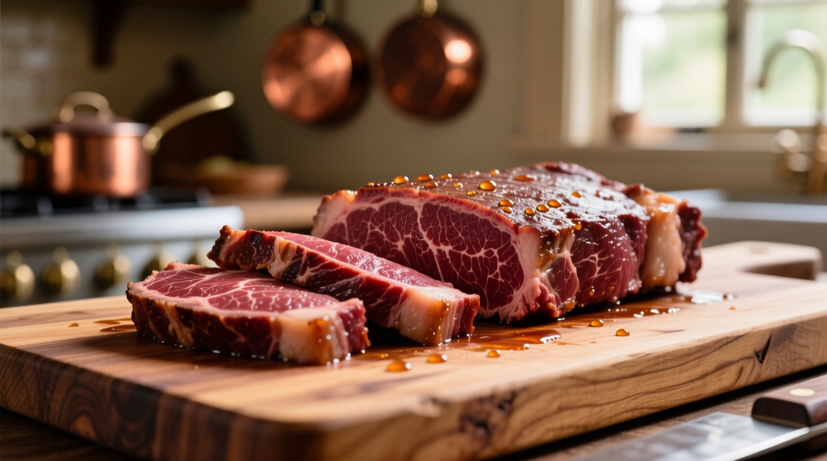 Sliced venison steak on wooden cutting board