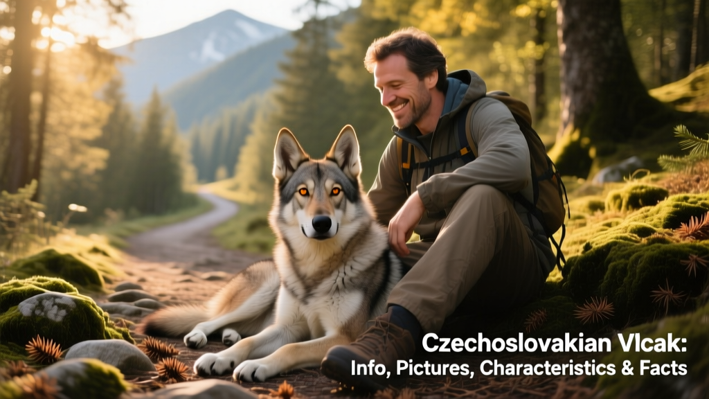 A calm, well-socialized Czechoslovakian Wolfdog resting beside its owner on a hiking trail, illustrating trust and companionship