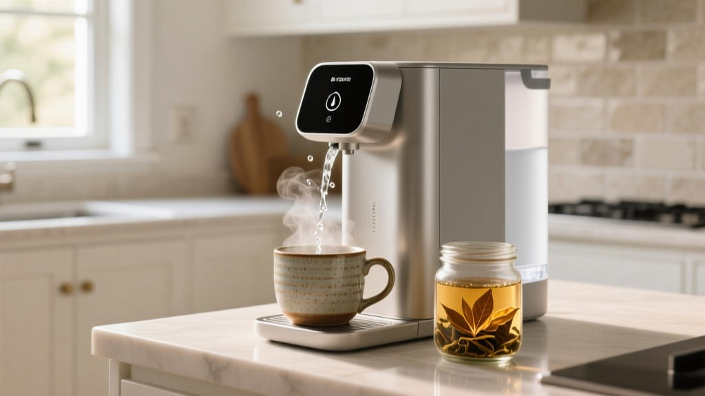 Smart countertop water dispenser with touchless sensor dispensing hot water into a ceramic mug beside a jar of loose-leaf Earl Grey tea.