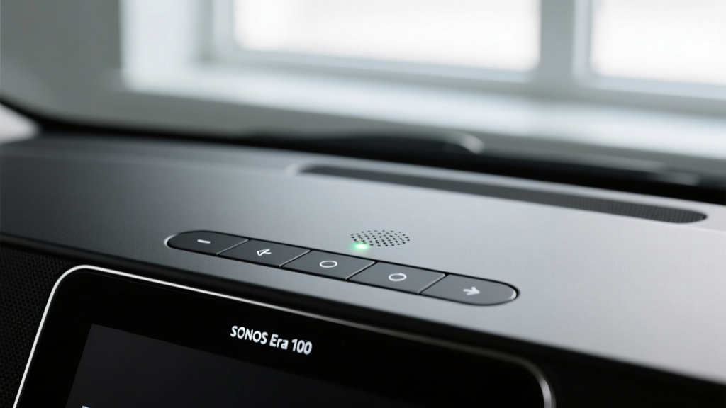 Close up of the Sonos Era 100 top panel showing the capacitive touch controls and microphone array indicator light