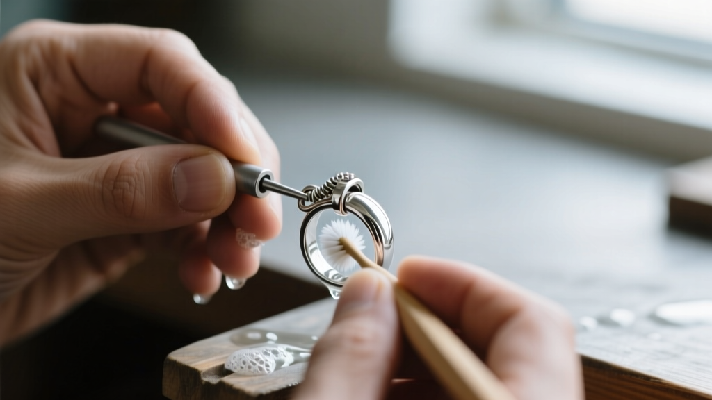 Close-up of a jeweler using a soft toothbrush and soapy water to clean the lever of a sterling silver spring ring clasp.