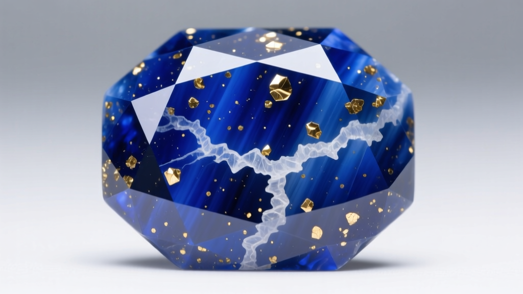 Macro photo of deep blue lapis lazuli showing golden pyrite flecks and minimal white calcite veining under bright studio lighting