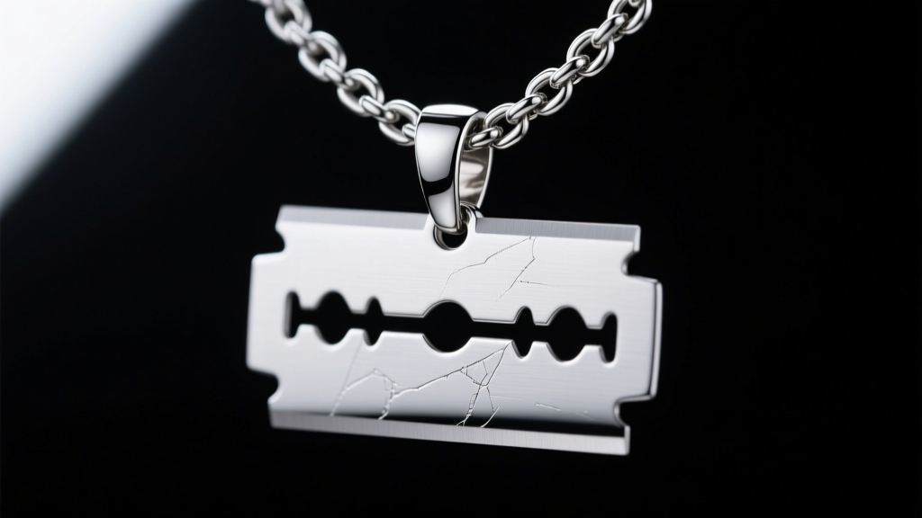 Macro shot of a polished 316L steel razor blade pendant on a thick silver rolo chain, illuminated by dramatic studio lighting