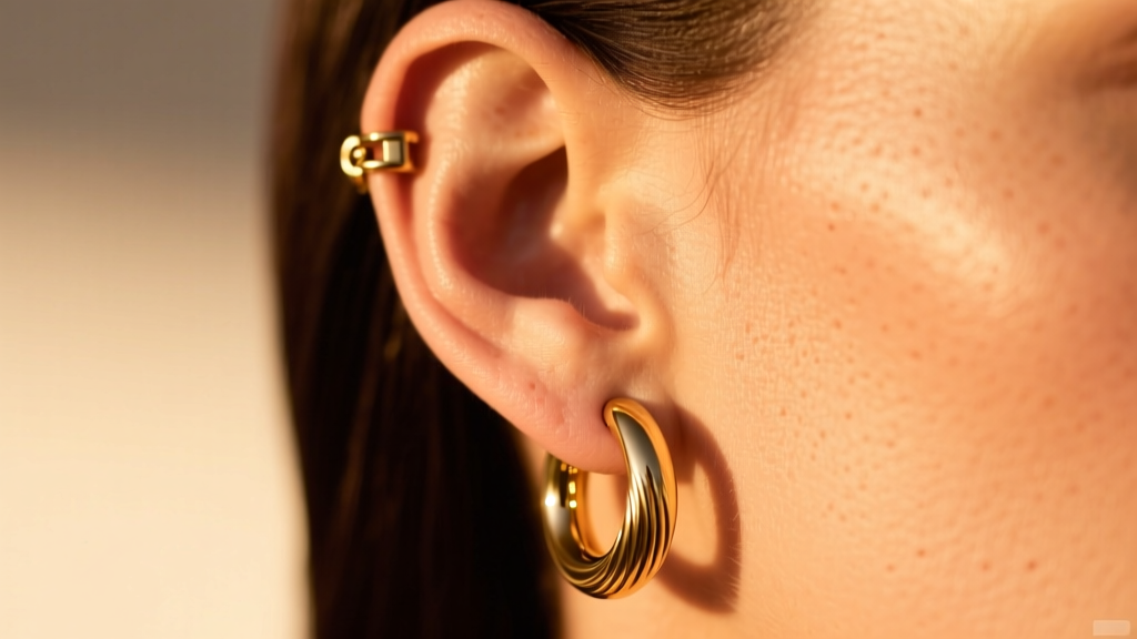 Close-up of an ear wearing a gold hoop earring secured with a hinged snap-back clasp, illuminated by warm golden hour sunlight.