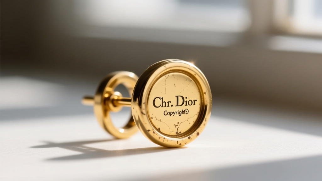 Back of an authentic vintage Christian Dior earring displaying the stamped Chr. Dior hallmark and copyright symbol on gold clip.