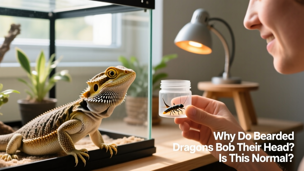 Bearded dragon perched near the front of its enclosure, bobbing its head while watching its owner hold a treat jar
