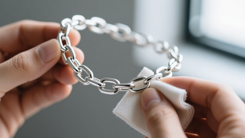 Hands polishing a sterling silver paper chain necklace with a microfiber cloth, removing surface oils from interlocking links.