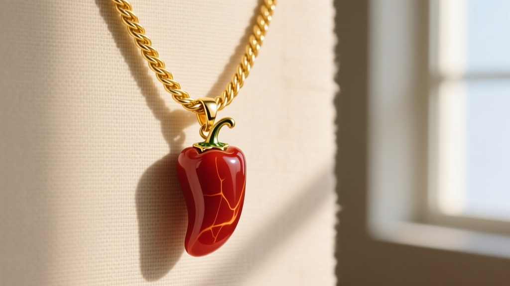 A 14k yellow gold rope chain displaying a carnelian Italian red pepper pendant against a neutral, textured linen backdrop.