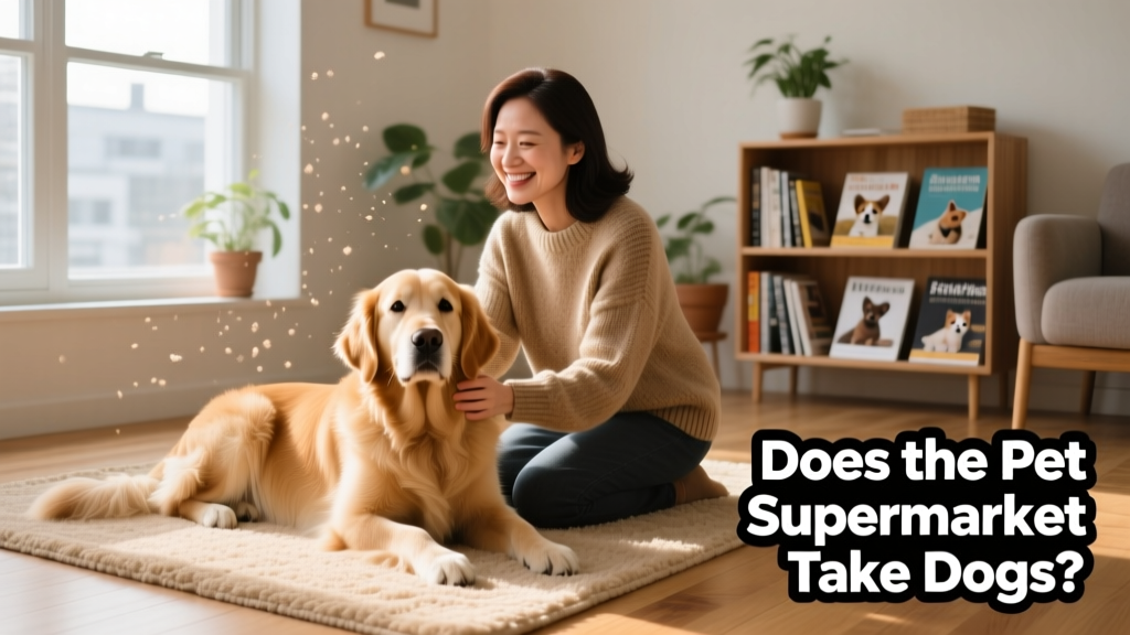 A calm, confident dog settling into their new home with a smiling adopter