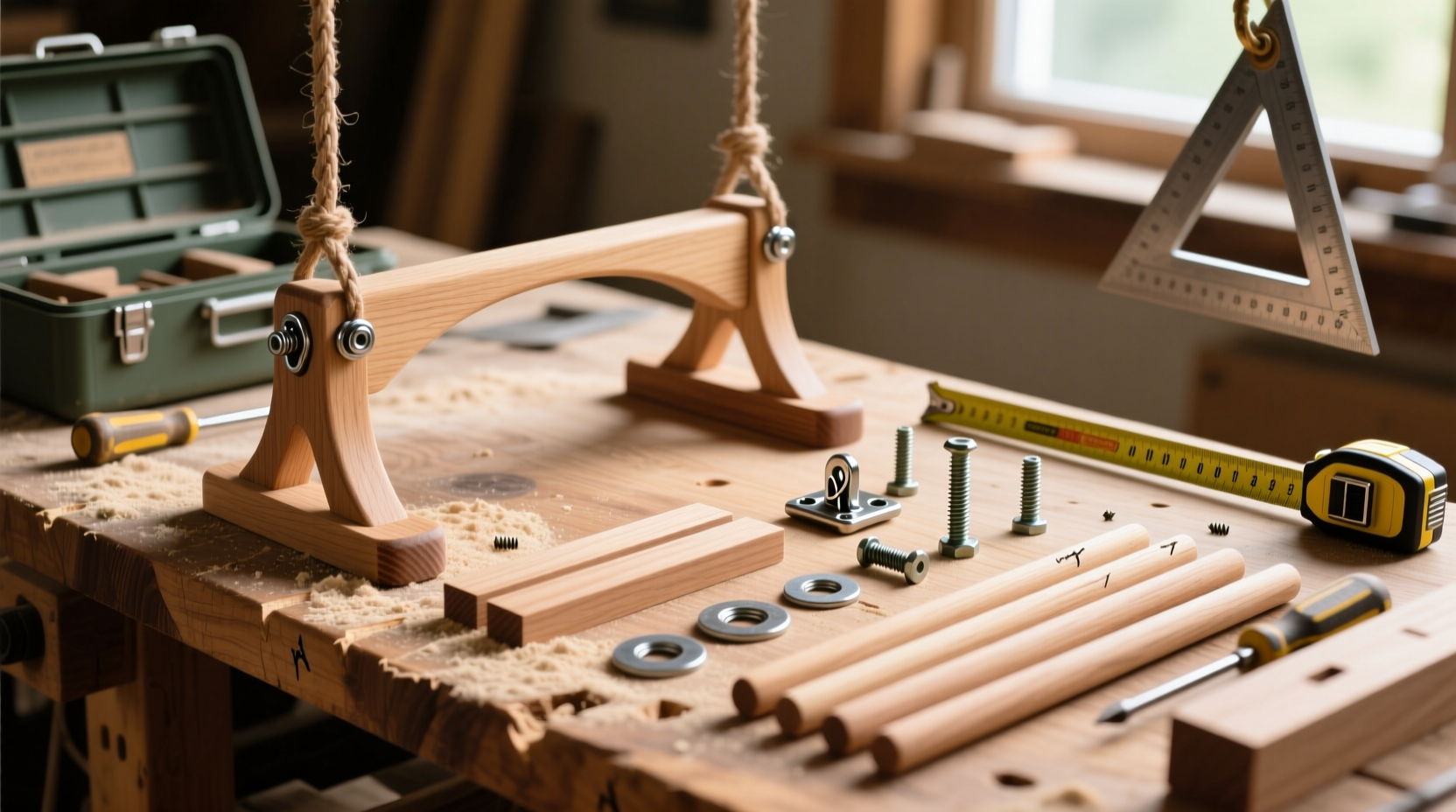 DIY swinger clip components laid out on workbench