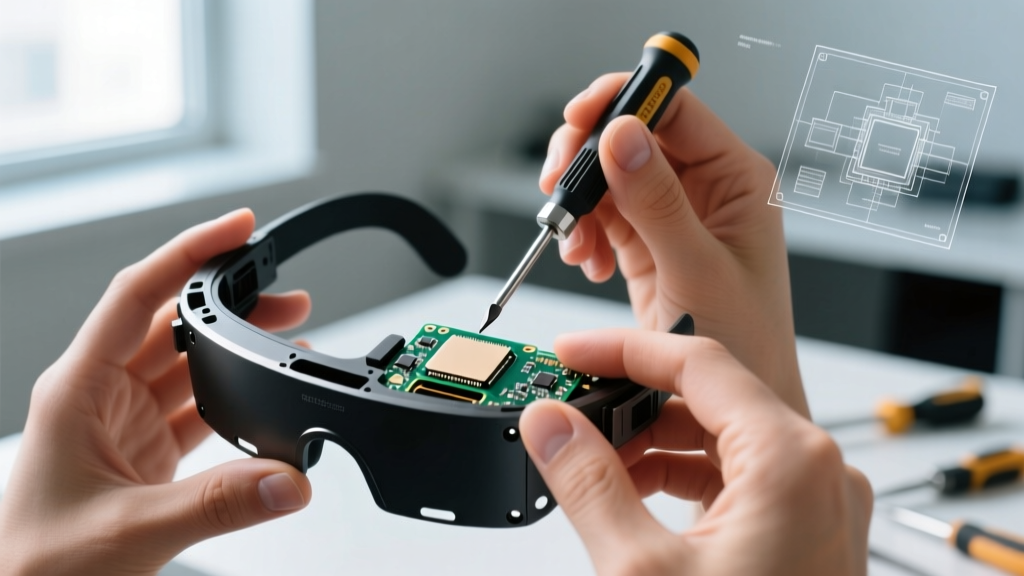 Hands using a precision screwdriver to replace a micro-battery in an open-source AR glass frame, emphasizing right-to-repair tech gadgets.
