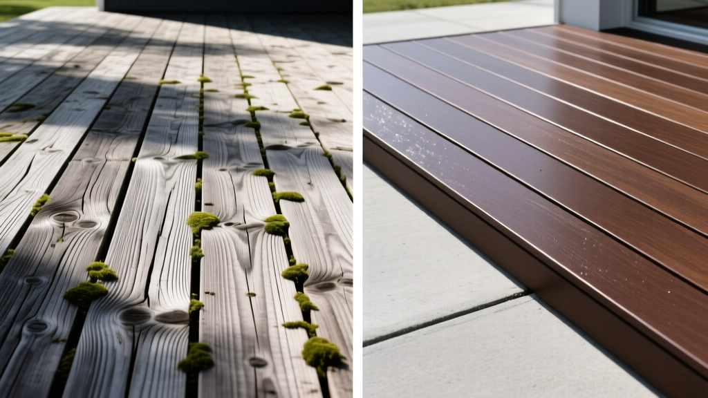 Split-screen showing weathered pressure-treated pine deck boards on left and pristine capped composite material decking on right