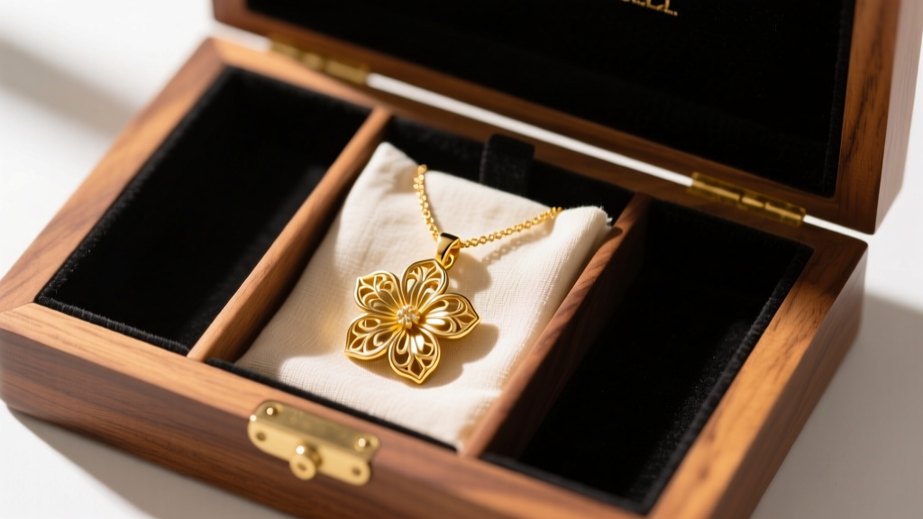 An anti-tarnish cloth wrapping a delicate gold Hawaiian flower pendant necklace inside a divided wooden jewelry box for storage.