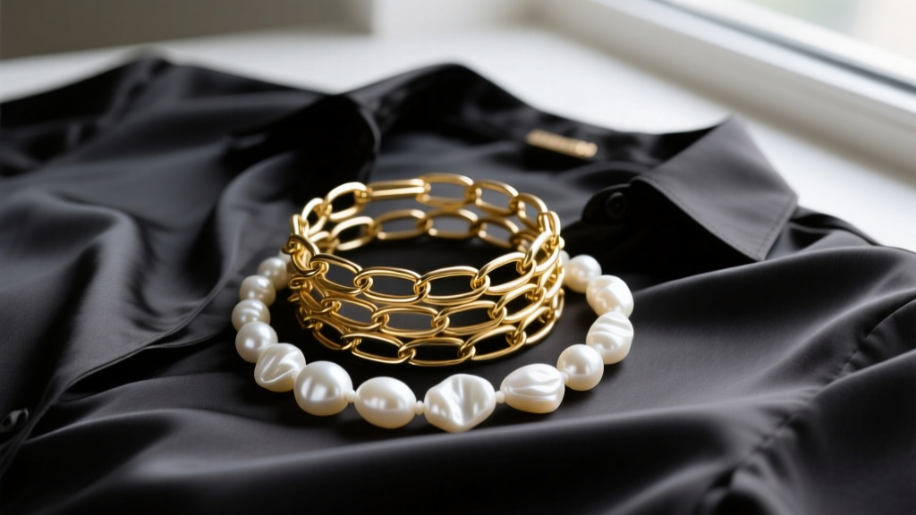 Layered stack featuring a 14k gold paperclip chain and irregular white baroque pearls, worn elegantly over a dark silk blouse.