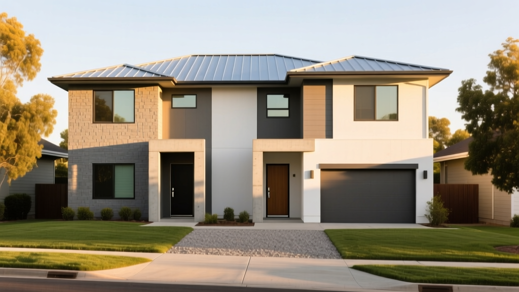 Modern two-story fourplex with four distinct entryways, fiber cement siding, and metal roofing in a suburban setting
