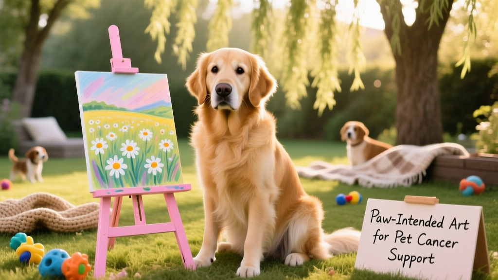 dog with pink easel and pastel painting