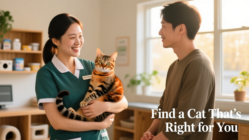 A friendly shelter staff member gently holding a tabby cat while speaking with an adopter