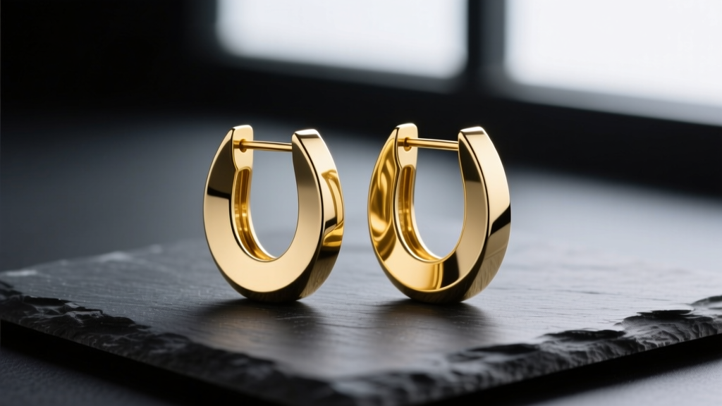 14k yellow gold J hoop earrings on dark slate, highlighting the sharp architectural curve and polished finish under soft lighting.