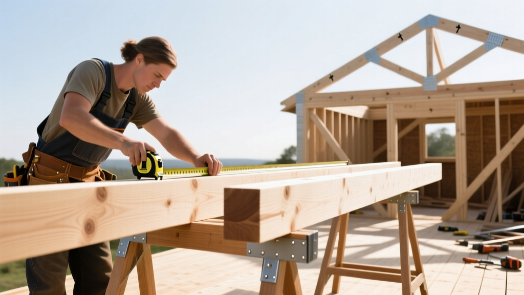 Carpenter measuring pressure-treated pine deck joists on sawhorses beside a partially framed wood deck structure in bright daylight